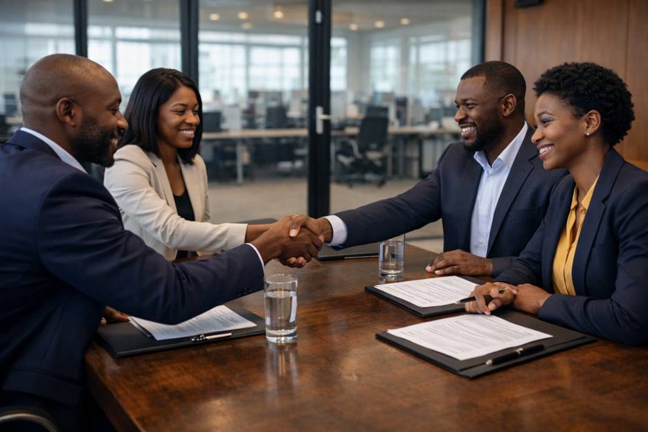 professionals reviewing financial and compliance reports during a due diligence meeting